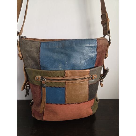 Vtg The Sak Crossbody Purse Leather Suede Patchwork 10x9 Inch Happy & Free Boho - Picture 2 of 15